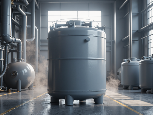 布袋除尘器设备正面视角,大型圆柱形过滤器,多个布袋垂直悬挂,金属框架结构