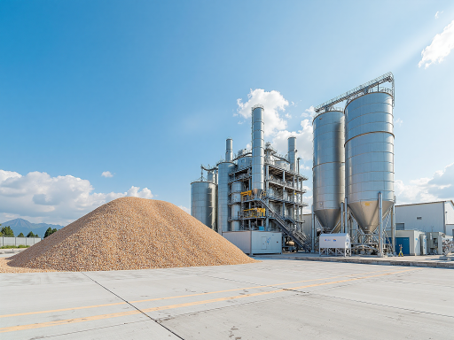 肇庆市北兆环保设备有限公司外观,现代化工业厂房,绿色植被环绕,蓝天白云背景