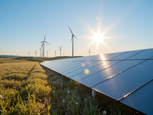 绿色未来概念图,蓝天白云,绿色植被,清洁能源设备,现代城市天际线,阳光明媚