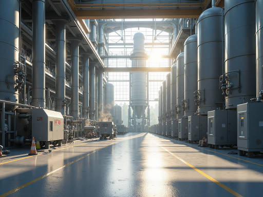 RTO蓄热式焚烧炉设备正面视角,大型金属设备,不锈钢材质,多管道连接,工业车间背景